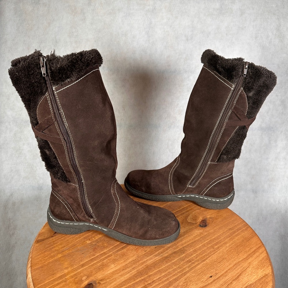 Wanderlust Winter Boots Women 7.5 Brown Good Suede Faux Fur Trim Side Zip - Picture 10 of 13